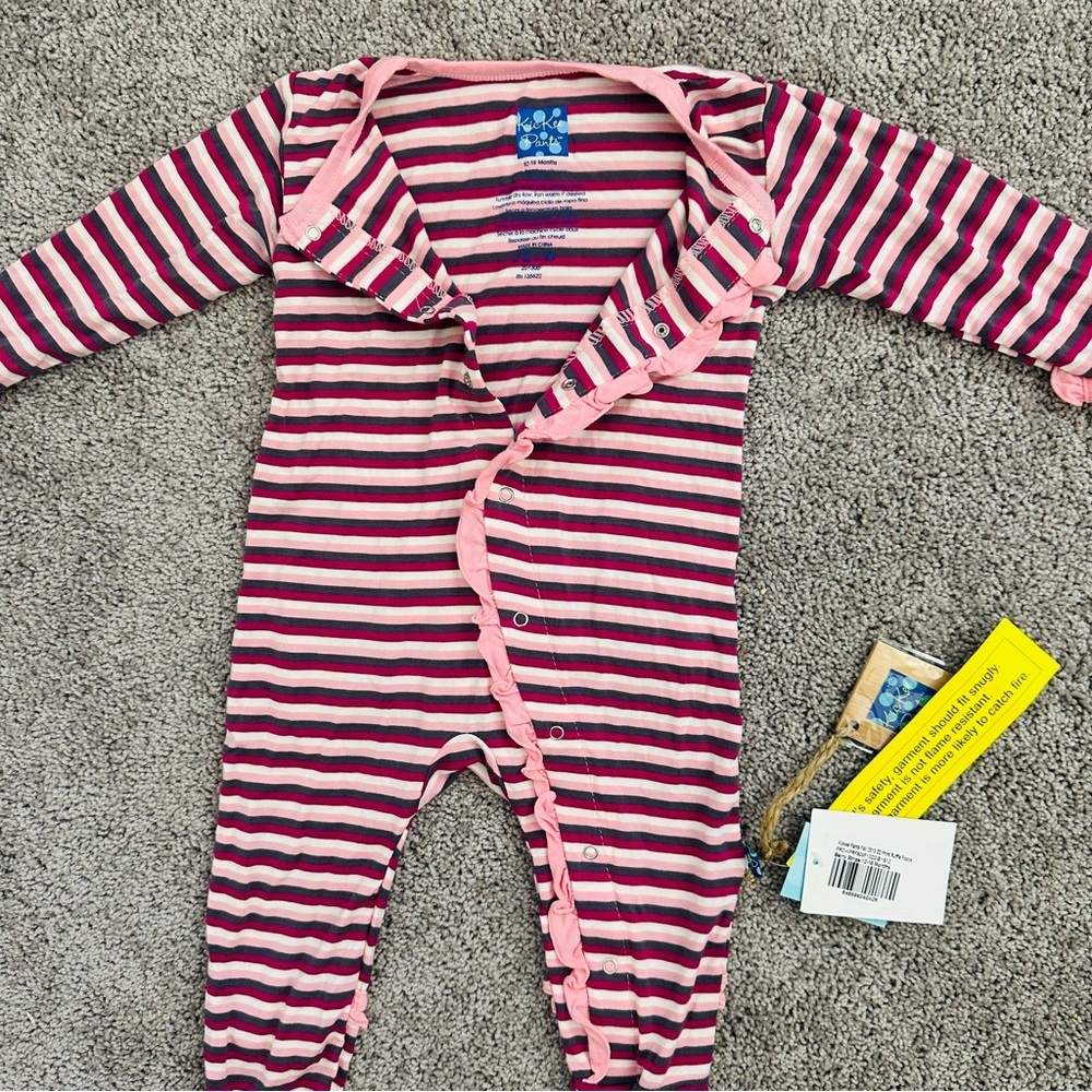 NWT Kickee Pants Stripe Ruffle Footie Pink Berry 12-18 months snap - Picture 2 of 7